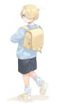  1boy :o aged_down backpack bag bird black_shorts blonde_hair blue_eyes blue_sweater blush child commentary curly_eyebrows duck full_body highres kindergarten_bag kindergarten_uniform leg_warmers lily-summer-0607 long_bangs looking_back male_focus one_piece sanji_(one_piece) shoes short_hair shorts simple_background sneakers sweater translated white_background yellow_footwear 