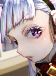 1girl absurdres animal_ears bare_shoulders blurry blurry_background bow commentary_request ear_bow eyelashes fisheye gold_ship_(umamusume) grey_hair highres horse_ears horse_girl long_hair looking_at_viewer no_uwazumi parted_lips purple_eyes red_bow solo umamusume upper_body 