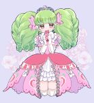  1girl absurdres bow brown_eyes cowboy_shot cropped_legs dress falulu floral_background frilled_dress frills gloves green_hair hair_bow hands_up highres holding_ticket idol_clothes long_hair looking_at_viewer nishi_(manpucc) pink_bow pink_dress pretty_series pripara priticket puffy_short_sleeves puffy_sleeves purple_bow short_sleeves sidelocks solo standing tiara twintails white_gloves 
