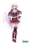  1girl atelier-moo breasts cleavage elf full_body hair_between_eyes hand_on_own_hip highres large_breasts long_hair pointy_ears purple_hair silvia_milsteen skirt smile solo standing very_long_hair wizards_symphony yellow_eyes zettai_ryouiki 
