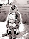  bonkara_(sokuseki_maou) closed_eyes commentary crying crying_with_eyes_open eyebrows eyebrows_visible_through_hair garrison_cap girls_und_panzer grass ground_vehicle hand_on_another's_shoulder hat hat_removed head_on_head headwear_removed itsumi_erika jacket kneeling kuromorimine_military_uniform leg_hug military military_hat military_uniform military_vehicle monochrome motor_vehicle multiple_girls nishizumi_maho nishizumi_miho open_mouth pleated_skirt rock shirt sitting_on_ground skirt smile streaming_tears tank tears tree uniform 