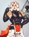 2024 abs anthro arknights athletic athletic_anthro athletic_male blush bottomwear canid canine canis clothing domestic_dog fur gloves hair handwear hi_res horn hung_(arknights) hypergryph latex long_hair looking_at_viewer male mammal orange_hair orange_tail pants shio_inu solo studio_montagne tail tan_body tan_fur white_body white_fur white_hair yellow_eyes