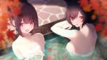  2girls :d absurdres afloat_leaves alternate_hairstyle animal_ear_fluff animal_ears autumn_leaves back bare_shoulders black_hair blurry blurry_foreground blush breasts cat_ears cleavage collarbone commentary_request cross-shaped_pupils cupping_hands eyes_visible_through_hair from_above gradient_eyes hair_between_eyes hair_bun highres hina_misora large_breasts leaf leaf_on_liquid light_blush looking_at_viewer medium_breasts medium_hair megurumiru mitsurugi_lia multicolored_eyes multicolored_hair multiple_girls naked_towel onsen open_mouth own_hands_together partially_submerged pink_eyes raised_eyebrows red_eyes sidelocks smile steam stone_floor symbol-shaped_pupils towel towel_around_breasts virtual_youtuber wactor_production water white_towel yellow_eyes 