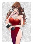 1girl armpits bare_shoulders breasts brown_eyes brown_hair cleavage coin_purse dress earrings eyelashes hand_on_own_face highres jewelry large_breasts lips lipstick long_hair looking_at_viewer lupin_iii makeup mine_fujiko mzochi necklace pearl_necklace red_dress side_slit solo strapless strapless_dress 