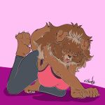 absurd_res anthro big_breasts bottomwear bra breasts brown_body brown_fur canid canine canis clothing covered_eyes crossed_arms domestic_dog female fur hi_res juno_(charliecorvinus) livestock_guardian_dog mammal molosser mountain_dog open_mouth pants pastoral_dog pink_clothing pink_topwear raised_leg raised_tail solo sports_bra sportswear tail thick_thighs tibetan_mountain_dog topwear underwear xxbloody yoga yoga_pants