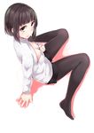  black_hair black_legwear black_shorts blue_eyes breasts cleavage cleavage_cutout funyariko highres looking_at_viewer medium_breasts meme_attire no_shoes open-chest_sweater original pantyhose short_hair shorts simple_background sitting solo sweater tareme wariza white_background 