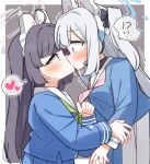  !? 2girls black_hair blue_archive blue_serafuku blue_shirt blue_skirt blush braid dash_b eye_contact forceful_kiss from_side green_neckerchief grey_background grey_hair halo headgear heart highres kiss long_hair long_sleeves looking_at_another miyako_(blue_archive) miyu_(blue_archive) multiple_girls neckerchief neckerchief_grab pink_neckerchief pleated_skirt profile puffy_long_sleeves puffy_sleeves purple_eyes red_eyes sailor_collar school_uniform serafuku shirt skirt spoken_heart spoken_interrobang surprise_kiss surprised two-tone_background very_long_hair white_background white_sailor_collar yuri 