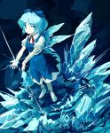  1girl absurdres blue_bow blue_dress blue_eyes blue_hair blue_headwear bow cirno doggo_1d34 dress fairy frozen hair_bow highres ice ice_wings solo touhou twitter_username white_footwear wings 