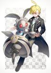  1boy black_footwear black_pants black_suit blonde_hair border checkered_background closed_eyes commentary_request cross-shaped_pupils earrings gladion_(pokemon) gladion_(sygna_suit)_(pokemon) highres humanoid_robot jewelry magearna male_focus outside_border pants parted_lips pokemon pokemon_(creature) pokemon_masters_ex red_eyes robot shoes short_hair smile soranohana_(o_harusyagiku) suit symbol-shaped_pupils white_border 