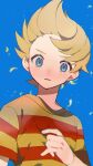  1boy blonde_hair blue_background blue_eyes commentary_request highres kawasaki_(kwsk_8765) looking_at_viewer lucas_(mother_3) male_focus mother_(game) mother_3 parted_lips red_shirt shirt short_hair simple_background solo striped_clothes striped_shirt two-tone_shirt yellow_shirt 