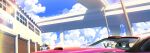  blue_sky building car cloud cyberpunk_(series) cyberpunk_edgerunners david_martinez dorio_(cyberpunk) elevated_highway highres lens_flare maine_(cyberpunk) motor_vehicle orenji_(orenjikunart) outdoors parasol rebecca_(cyberpunk) sky sports_car umbrella 