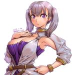  1girl amania_orz armpits belt black_clover blush bracelet breasts cleavage collarbone commentary_request dated earrings eyebrows_behind_hair frown hand_on_hip hand_on_own_chest jewelry large_breasts noelle_silva purple_eyes short_twintails silver_hair simple_background solo twintails twitter_username upper_body white_background 