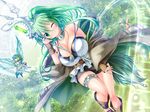  bare_shoulders belt between_breasts bird black_bra blush bra breasts choker cleavage duel_monster fantasy female garter green_eyes green_hair highres huge_breasts kogarashi_(artist) kogarashi_(wind_of_winter) long_hair looking_at_viewer magic magician nature necklace ponytail ring shirt shorts solo staff weapon wink wynn yu-gi-oh! yugioh yugioh_5d&#039;s yugioh_gx 