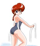  ass back bare_shoulders blue_eyes braid breasts climbing genderswap kj_(artist) ladder legs long_hair looking_back pool ranma-chan ranma_1/2 red_hair saotome_ranma simple_background swimsuit thighs 