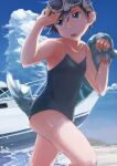  1girl bare_shoulders black_eyes black_hair blue_one-piece_swimsuit boat breasts cloud collarbone commentary_request covered_navel cumulonimbus_cloud day goggles goggles_on_head highres inami_hatoko ocean one-piece_swimsuit open_mouth original outdoors school_swimsuit short_hair sky small_breasts solo swimsuit towel watercraft wet 