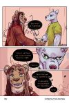 angry bastriw canid canine canis clothing comic cross-popping_vein dialogue felid green_eyes hi_res lion male mammal muscular muscular_male nico_(bastriw) pantherine text wolf