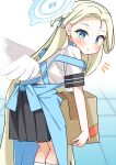 1girl apron black_skirt blonde_hair blue_apron blue_archive blue_eyes blurry blurry_background blush box cardboard_box commentary_request dash_b depth_of_field feathered_wings feet_out_of_frame forehead from_side halo highres holding holding_box long_hair looking_at_viewer looking_to_the_side low_wings notice_lines pleated_skirt shirt short_sleeves skirt socks solo sora_(blue_archive) standing tile_floor tiles very_long_hair white_background white_shirt white_socks white_wings wings 