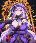  1girl bare_shoulders black_gloves black_swan_(honkai:_star_rail) breasts commentary covered_navel dress elbow_gloves gloves highres honkai:_star_rail honkai_(series) large_breasts long_hair looking_at_viewer michi_(69michichi) pink_lips purple_dress purple_eyes purple_hair sleeveless sleeveless_dress smile solo upper_body veil very_long_hair 