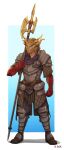  1boy armor armored_boots artist_name belt blue_background boots brown_belt colored_skin d-rex dungeons_and_dragons full_body halberd highres holding holding_weapon horns leather_armor looking_at_viewer male_focus orange_hair pants polearm red_eyes red_skin shoulder_plates solo standing weapon white_background 