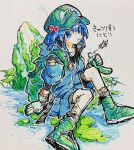  1girl adapted_costume backpack bag blue_eyes blue_hair blue_jacket blue_skirt boots closed_mouth doggo_1d34 full_body gloves green_bag green_footwear green_headwear hair_bobbles hair_ornament highres holding jacket kawashiro_nitori kingfisher knee_up long_sleeves medium_hair nature nitori_day outdoors outline pleated_skirt rock shikishi signature sitting skirt socks solo touhou traditional_media water white_gloves white_outline 