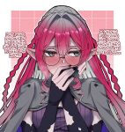  1girl baobhan_sith_(fate) baobhan_sith_(swimsuit_pretender)_(fate) baobhan_sith_(swimsuit_pretender)_(second_ascension)_(fate) blush braid breasts covering_own_mouth crown_braid detached_sleeves earrings english_text fate/grand_order fate_(series) glasses grey_eyes grey_jacket hair_ornament hairclip jacket jacket_on_shoulders jewelry large_breasts long_hair looking_to_the_side pink_hair pointy_ears ponytail purple_shirt round_eyewear sanmoto_gorouzaemon shirt sidelocks 