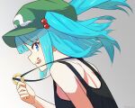  1girl bare_shoulders black_hair black_vest blue_eyes green_headwear highres holding holding_key jewelry kawashiro_nitori key key_necklace mikage_tsuki multicolored_hair necklace open_mouth side_ponytail smile solo touhou twitter_username two-tone_hair upper_body vest 