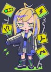  1girl :o ahoge androgynous black_footwear black_jacket blonde_hair blue_eyeshadow blue_hair blue_shirt chibi collarbone eyeshadow grey_background grey_eyes grey_skirt highres jacket lightning_bolt_symbol long_hair long_sleeves looking_at_viewer makeup mole mole_under_mouth multicolored_hair open_clothes open_jacket open_mouth original pleated_skirt shirt sign simple_background skirt sleeves_past_fingers sleeves_past_wrists solo standing terada_tera two-tone_hair 
