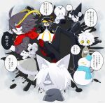  3girls 5boys :3 ? ahoge anger_vein angry animal_ear_fluff animal_ears animal_hat bags_under_eyes baseball_cap bear_ears bear_girl black_background black_capelet black_eyes black_footwear black_gloves black_hair black_headwear black_pants black_sclera black_suit blood blood_on_clothes blood_on_shoes blue_headwear blue_scarf boots bow braid capelet cetacean_tail cigarette closed_mouth coat colored_sclera colored_skin crossed_arms dress fins fish_tail footwear_bow funamusea funamusea_(style) fur-trimmed_coat fur_hat fur_trim gloves green_coat green_footwear grey_hair grey_scarf grey_shirt hair_between_eyes hair_intakes hair_over_one_eye hands_in_pockets hands_on_own_hips hat highres ice_scream idate_(ice_scream) long_hair looking_at_viewer low_twintails mafuyu_(ice_scream) mob_face multicolored_clothes multicolored_hair multicolored_headwear multiple_boys multiple_girls no_mouth open_mouth orange_eyes orange_headwear orca_boy owl_boy pants penguin_girl penguin_hat peraco_(ice_scream) ppop_csillag red_scarf red_sclera rock_(ice_scream) rocma_(ice_scream) scarf seal_hat shaded_face shark_fin sharp_teeth shirogane_(ice_scream) shirt sitting smoking snowman speech_bubble splatter_background standing stepped_on suit sunosan_(ice_scream) sweat sweatdrop tail teeth translation_request twin_braids twintails white_background white_bow white_dress white_eyes white_hair white_skin wide-eyed wolf_boy wolf_ears yellow_sclera 