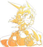  1girl annosada bad_id bad_twitter_id bare_shoulders breasts cleavage clenched_hand closed_mouth hair_ornament headgear headphones orange_theme senki_zesshou_symphogear short_hair simple_background solo spot_color symphogear_pendant tachibana_hibiki_(symphogear) upper_body white_background x_hair_ornament 