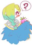  1girl ? absurdres animal_ears bird_ears blonde_hair blue_feathers blush braid bright_pupils feathers food fruit gradient_hair green_hair grey_poncho hair_over_one_eye harpy highres holding holding_food holding_fruit long_hair mako_(eogks) monster_girl multicolored_hair nn_(eogks) original simple_background solo spoken_question_mark two-tone_wings white_background white_pupils winged_arms wings 