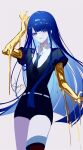  1other artist_name black_necktie blue_eyes blue_hair blunt_bangs commentary_request grey_background hand_up houseki_no_kuni lapis_lazuli_(houseki_no_kuni) long_hair looking_at_viewer necktie puffy_sleeves sheya signature simple_background solo very_long_hair 
