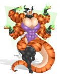 4_arms abs anthro big_breasts black_highlights branded breasts cleavage cleavage_cutout clothed clothing curved_horn cutout dragon dullvivid fangs female fingerless_gloves fur gloves green_sclera half-closed_eyes handwear hi_res highlights_(coloring) horn huge_breasts legwear leotard lips long_whiskers magic magic_user markings multi_arm multi_limb muscle_tone muscular muscular_anthro muscular_female mythological_creature mythological_scalie mythology narrowed_eyes open_mouth open_smile orange_body orange_markings orange_scales orange_stripes scales scalie simple_background smile solo stockings striped_body striped_markings striped_scales stripes tan_body tan_scales teeth thick_bottom_lip whiskers white_body white_fur