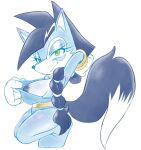 anthro archie_comics blue_body blue_monochrome braided_hair braided_ponytail breasts canid canine canis clothing clothing_pull crouching facial_markings female glistening glistening_body glistening_breasts green_eyes hair head_markings hi_res icydirtball jewelry lupe_the_wolf mammal markings nipples ponytail sega simple_background smile smiling_at_viewer smirk smirking_at_viewer solo sonic_the_hedgehog_(archie) sonic_the_hedgehog_(comics) sonic_the_hedgehog_(series) tail wolf