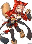  absurdres animal_ears bell bell_collar black_legwear breasts cleavage collar eighth_note fangs fate/extra fate/grand_order fate_(series) fox_ears fox_tail highres hood japanese_clothes katoroku large_breasts long_hair looking_at_viewer musical_note open_mouth pink_hair simple_background solo tail tamamo_(fate)_(all) tamamo_cat_(fate) thighhighs white_background yellow_eyes 