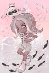  1girl :o agent_8_(splatoon) bodysuit brown_hair building commentary coral crown dark-skinned_female dark_skin drone floating full_body gradient_hair grey_hair highres looking_at_viewer medium_hair multicolored_hair non-humanoid_robot octoling octoling_girl octoling_player_character outdoors pearl_drone_(splatoon) pink_sky robot shoes sky sleeveless sleeveless_bodysuit socks splatoon_(series) splatoon_3 splatoon_3:_side_order standing standing_on_one_leg tebasaki_(teba_illust) tentacle_hair thick_eyebrows two-tone_hair white_bodysuit white_footwear white_socks yellow_eyes 