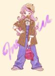 1girl alternate_costume bag beret blue_overalls brown_jacket closed_mouth commentary_request doughnut food full_body hand_on_own_hip hat highres holding holding_bag jacket kiratto_pri_chan long_hair long_sleeves looking_at_viewer mouth_hold neck_ribbon nikki_(nikipopo) one_eye_closed overalls pink_bag pretty_series purple_eyes purple_hair ribbon shido_mel shirt solo standing white_shirt yellow_background 