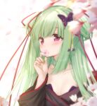  1girl bare_shoulders black_kimono blurry blurry_foreground butterfly_hair_ornament cariboy collarbone commentary_request depth_of_field flower green_hair hair_ornament hair_ribbon hand_up holding holding_flower japanese_clothes kimono long_hair long_sleeves murasame_(senren) off_shoulder petals pink_flower purple_eyes purple_ribbon red_ribbon ribbon senren_banka solo upper_body white_background wide_sleeves 