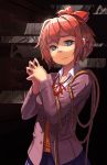 1girl blue_eyes bow collar crying crying_with_eyes_open doki_doki_literature_club hair_bow limited-access long_sleeves neck_ribbon pleated_skirt red_bow red_ribbon ribbon rope sayori_(doki_doki_literature_club) school_uniform short_hair skirt tears white_collar 