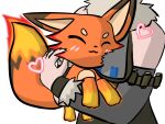 &lt;3 canid canine duo face female feral fire flamethrower fox foxparks happy hi_res hug mammal pal_(species) palworld petting_head pocketpair ranged_weapon weapon yuumisocute