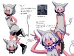  1girl colored_skin demon_girl demon_horns demon_tail highres hood hoodie horns long_hoodie original panda23577667 purple_eyes red_skin sleeveless sleeveless_hoodie tail translation_request white_hoodie 