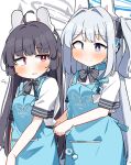  2girls ahoge angel&#039;s_24_uniform_(blue_archive) apron black_bow black_hair blue_apron blue_archive blush bow closed_mouth collared_shirt commentary_request dash_b employee_uniform flying_sweatdrops grey_hair hair_bow hair_intakes halo headgear highres long_hair miyako_(blue_archive) miyu_(blue_archive) multiple_girls one_side_up parted_lips purple_eyes red_eyes shirt short_sleeves simple_background smile striped_bow uniform very_long_hair white_background white_shirt 