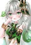  1girl :d bare_shoulders blush cape commentary cross-shaped_pupils crossed_bangs dress eyelashes genshin_impact gradient_hair green_cape green_eyes green_hair green_sleeves grey_hair hair_between_eyes hair_intakes hair_ornament hand_up happy highres jaku_sono leaf_hair_ornament long_hair looking_at_viewer multicolored_hair nahida_(genshin_impact) open_mouth pointy_ears side_ponytail sidelocks signature simple_background smile solo symbol-shaped_pupils tsurime upper_body wavy_hair white_background white_dress 