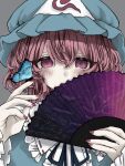 1girl blue_butterfly blue_headwear blue_shirt bug butterfly commentary_request folding_fan frilled_shirt_collar frilled_sleeves frills grey_background hair_between_eyes hand_fan hat highres long_bangs long_sleeves looking_at_viewer mehitsuji mob_cap neck_ribbon pink_eyes pink_hair ribbon ribbon-trimmed_collar ribbon_trim saigyouji_yuyuko saigyouji_yuyuko&#039;s_fan_design shirt short_hair simple_background solo touhou triangular_headpiece upper_body 