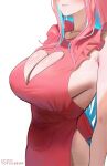  1girl absurdres bare_arms blush breasts cleavage cleavage_cutout closed_mouth clothing_cutout collarbone frills head_out_of_frame heart_cutout highres large_breasts long_hair original patreon_username pink_hair reika_(tofuubear) simple_background solo tofuubear white_background 