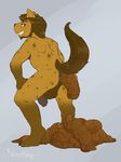 2016 anthro anus backsack balls blue_background brown_eyes brown_fur brown_hair claws english_text feces fur gnoll hair hi_res hyper hyper_feces looking_at_viewer looking_back male mammal nude penis pooping raised_tail rear_view scat signature simple_background smile solo spots starman_deluxe stretched_anus teeth text toe_claws 