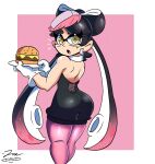  1girl artist_name ass back bare_arms bare_shoulders black_hair black_jumpsuit border bow-shaped_hair burger callie_(splatoon) detached_collar earrings food food_on_head gloves gradient_hair holding holding_plate hoop_earrings jewelry jumpsuit lonercroissant long_hair mole mole_under_eye multicolored_hair object_on_head pantyhose pink_background pink_pantyhose plate pointy_ears short_jumpsuit shoulder_blades signature solo splatoon_(series) squid_girl strapless strapless_jumpsuit sushi swept_bangs tentacle_hair twintails white_border white_gloves yellow_eyes 