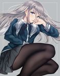  black_legwear blue_eyes blush green_eyes heterochromia highres long_hair looking_at_viewer original pantyhose saitou_(lynx-shrike) school_uniform silver_hair solo uniform 