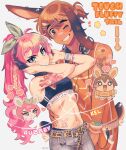  &gt;_o 1boy 1girl absurdres alternate_costume animal_ears arm_tattoo aubrey_(faraway)_(omori) aubrey_(omori) black_hair brown_eyes brown_hair character_name dark-skinned_male dark_skin deer_ears deer_tail green_eyes headphones headphones_around_neck highres kel_(faraway)_(omori) kel_(omori) kemonomimi_mode long_hair multicolored_hair navel navel_piercing omori one_eye_closed piercing pink_hair ponytail remi_(mozzaremi) short_hair sports_bra tail tattoo 