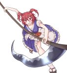  1girl blue_dress blush breasts cleavage commentary dress ekakujinn full_body grin hair_between_eyes hair_bobbles hair_ornament holding holding_scythe looking_at_viewer onozuka_komachi red_eyes red_hair scythe short_sleeves simple_background smile socks solo touhou two_side_up white_background white_socks 