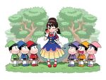  6+boys apple blue_dress blue_headwear bow bowtie brothers buttons cosplay dress dwarf elf_hat food forest fruit garara382 green_headwear headband holding holding_food holding_fruit low_twintails multiple_boys nature one_eye_closed osomatsu-san pink_headwear purple_headwear red_bow red_bowtie red_footwear red_headwear sextuplets short_twintails siblings snow_white_(grimm) snow_white_(grimm)_(cosplay) tree twintails white_background yellow_headwear yowai_totoko 